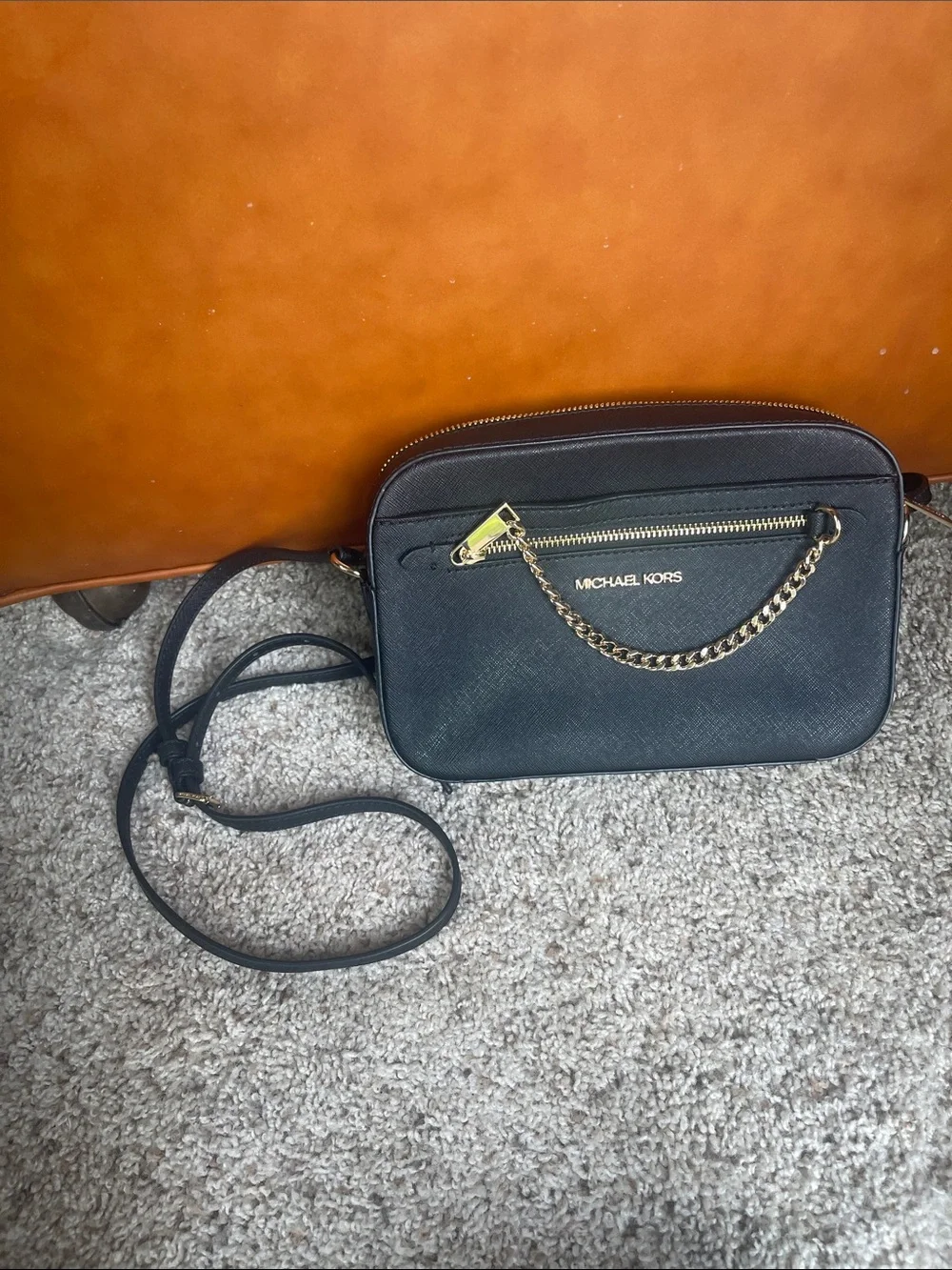 Michael Kors Black Crossbody Camera Bag with Gold Chain Detail